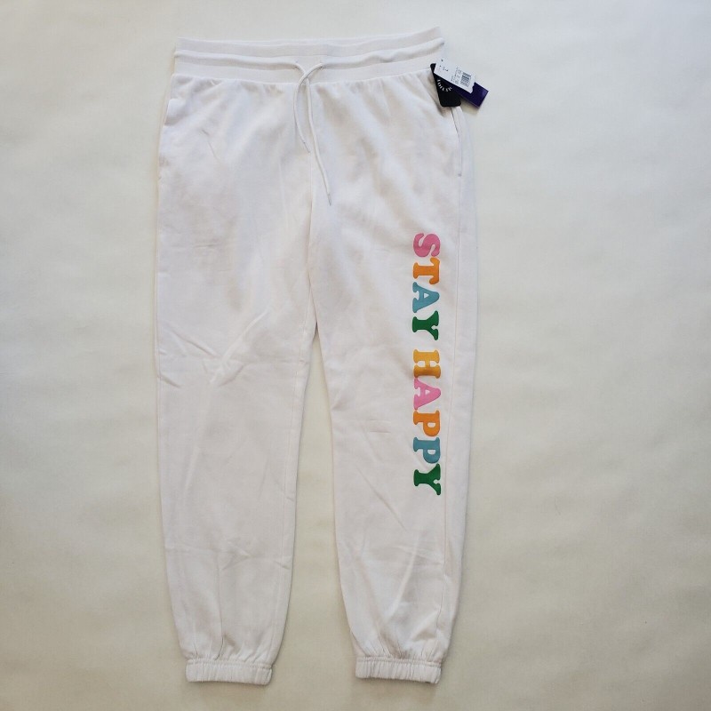 Women's Stay Happy Graphic Jogger Pants - White