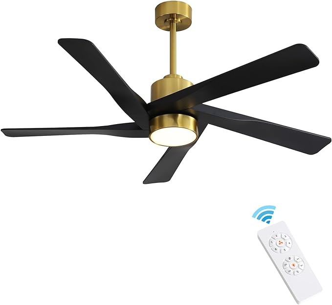 WINGBO 64" ABS DC Ceiling Fan with Lights, 5 Blade ABS Plastic Ceiling Fan with Remote, 6-Speed Reversible DC Motor, LED Ceiling Fan for Kitchen Bedroom Living Room, Brass and Matte Black