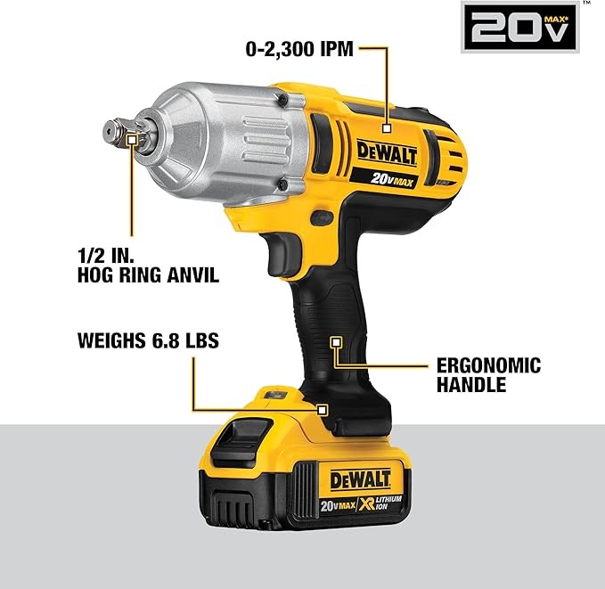 DEWALT 20V MAX* Impact Wrench, High Torque, Hog Ring Anvil, 1/2-Inch (DCF889HM2), Yellow