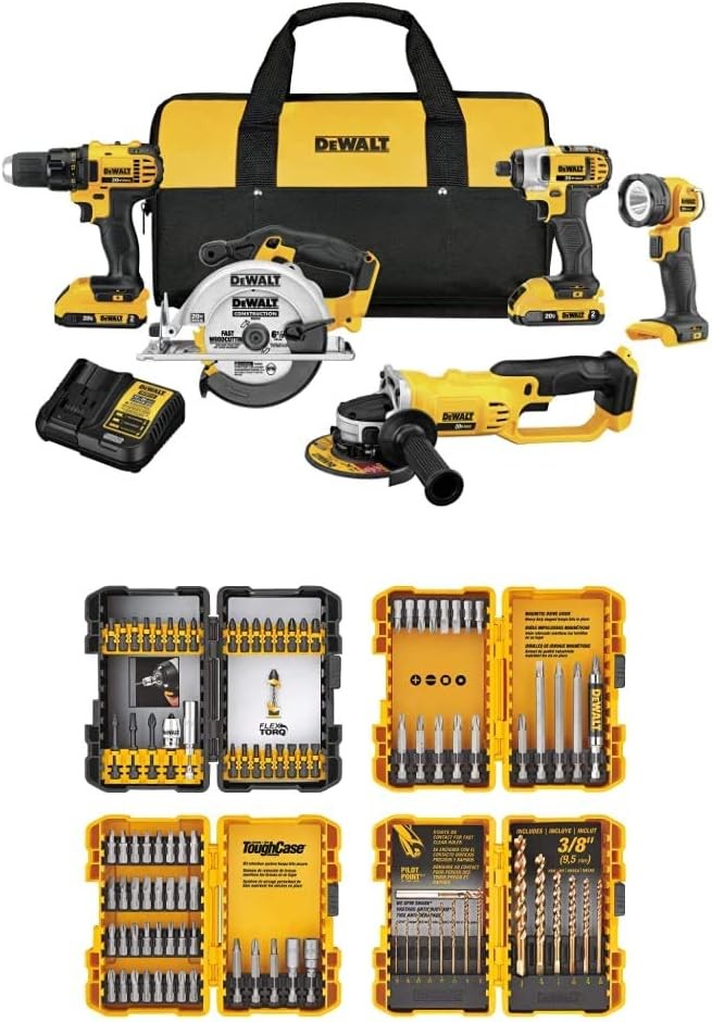 DEWALT 20V MAX Combo Kit Compact 5-Tool (DCK521D2) with DEWALT DWA2FTS100 Screwdriving and Drilling Set 100 Piece