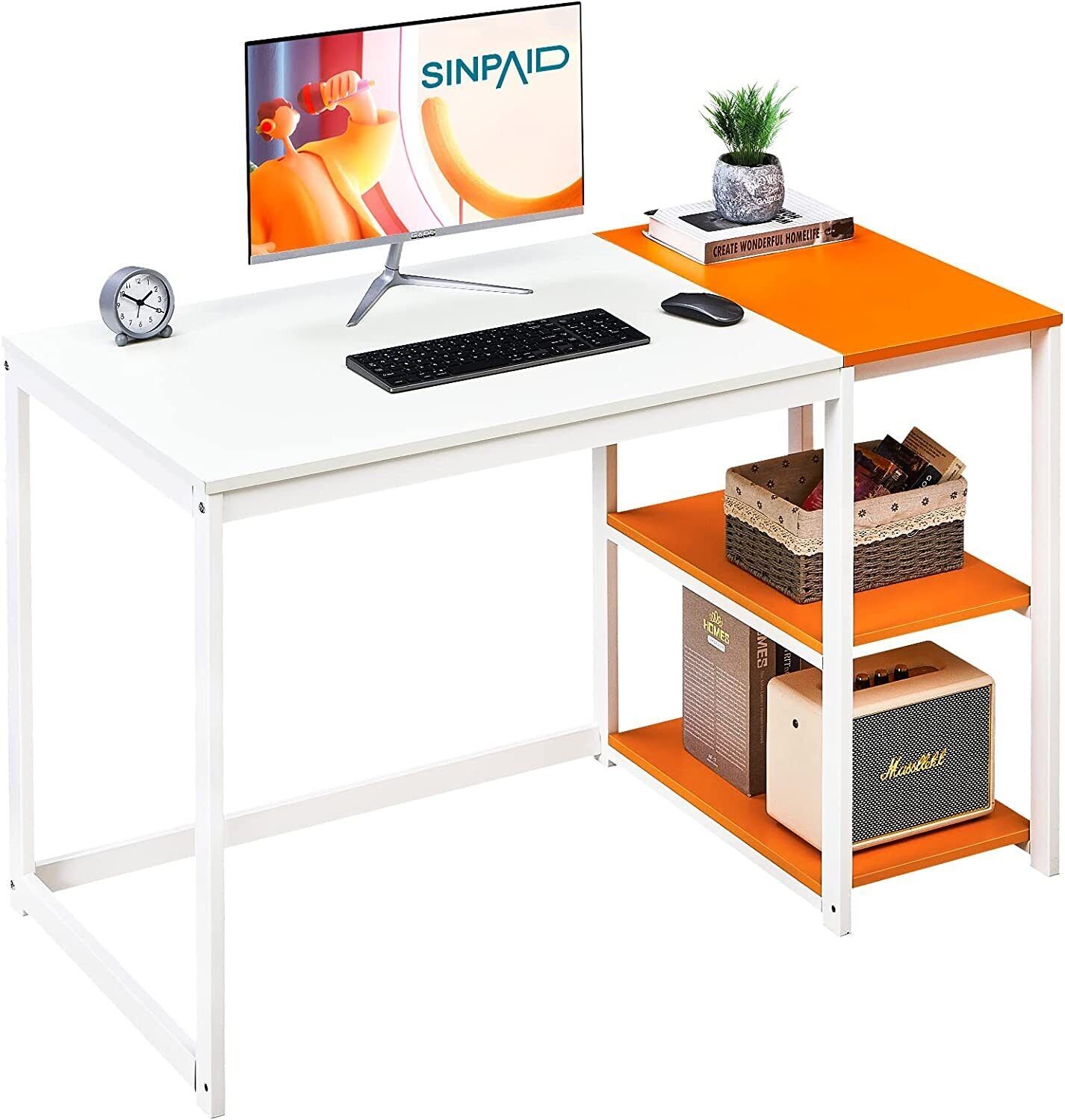 SINPAID Computer Desk 40 inches with 2-Tier Shelves - White&Orange