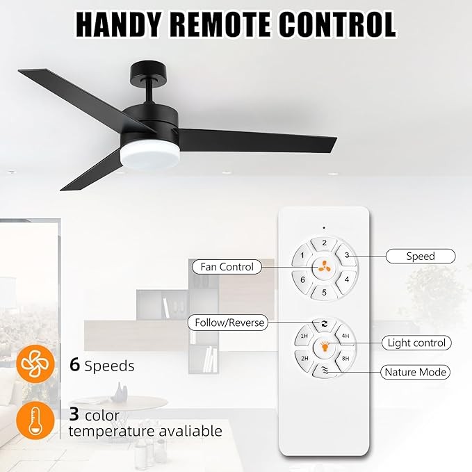 WINGBO 52" DC Ceiling Fan with Lights and Remote Control, Matte Black Ceiling Fan, 3 Plywood Blades, 6 Reversible Speeds, Quite DC Motor, Modern Ceiling Fan for Kitchen Bedroom Living Room, ETL Listed