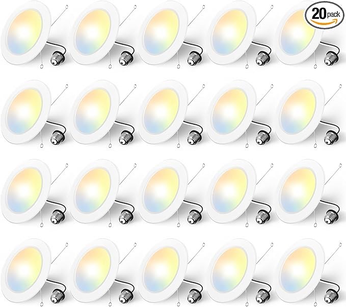 Amico 5/6 inch 5CCT LED Recessed Lighting 20 Pack, 1050LM Ultra-Thin Flat LED Can Lights, Dimmable, IC Rated, 12W Eqv 110W, 2700K/3000K/4000K/5000K/6000K Selectable, Retrofit Installation- ETL & FCC