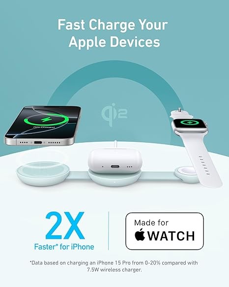 Anker MagSafe Compatible MagGo UFO 3-in-1 Charger, iPhone 16 Wireless Charger Station, Qi2 Certified 15W, Foldable Travel Charging Pad, for iPhone 15/14/13/12, AirPods, Apple Watch (Not a Power Bank)