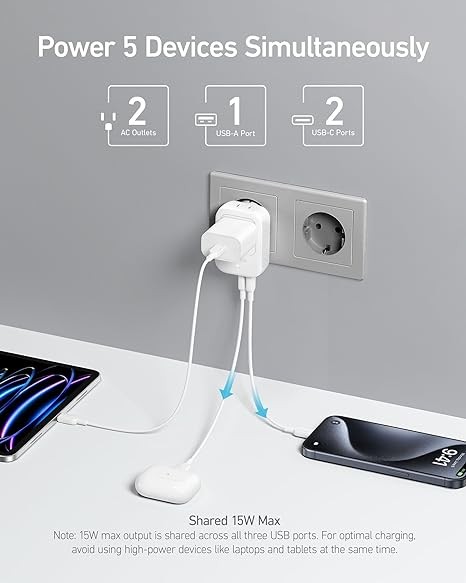 European Travel Plug Adapter, Anker 15W USB-C Power Plug, Fits Type E/F Sockets with 2 AC Outlets, 2 USB C & 1 USB A Port, Compact for iPhone 15, iPad, and More (Not Compatible with Type L/G Sockets)