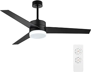 WINGBO 52" DC Ceiling Fan with Lights and Remote Control, Matte Black Ceiling Fan, 3 Plywood Blades, 6 Reversible Speeds, Quite DC Motor, Modern Ceiling Fan for Kitchen Bedroom Living Room, ETL Listed