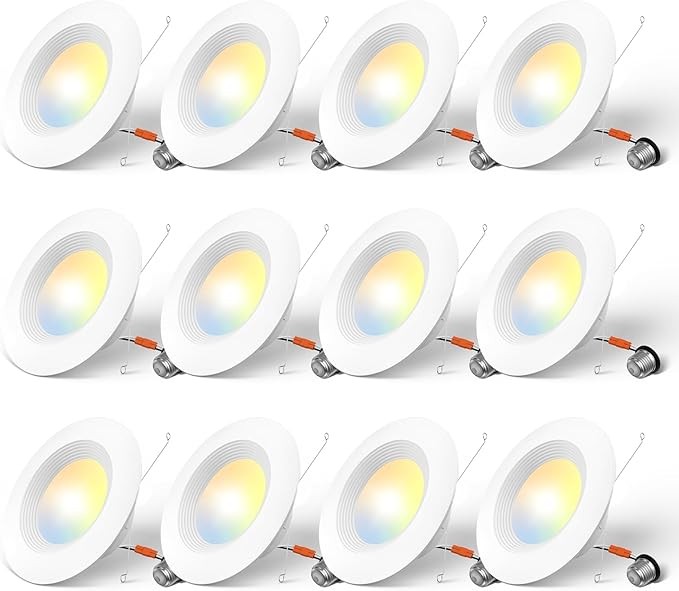 Amico Recessed Lighting 5/6 Inch, 12 Pack 5CCT Flat LED Can Lights, 2700K/3000K/4000K/5000K/6000K Selectable,12W Eqv 110W, 1050LM Brightness, Retrofit Installation - ETL & FCC