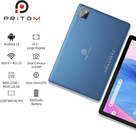 PRITOM TAB12 10 Inch Phone Tablet Android 13, 5Ghz WiFi, Octa-Core, 12GB RAM(6GB Expend), 128GB ROM, 4G Network Tablet with SIM Card Slot, 8000mAh, HD, BT, Double Box Speakers, Blue