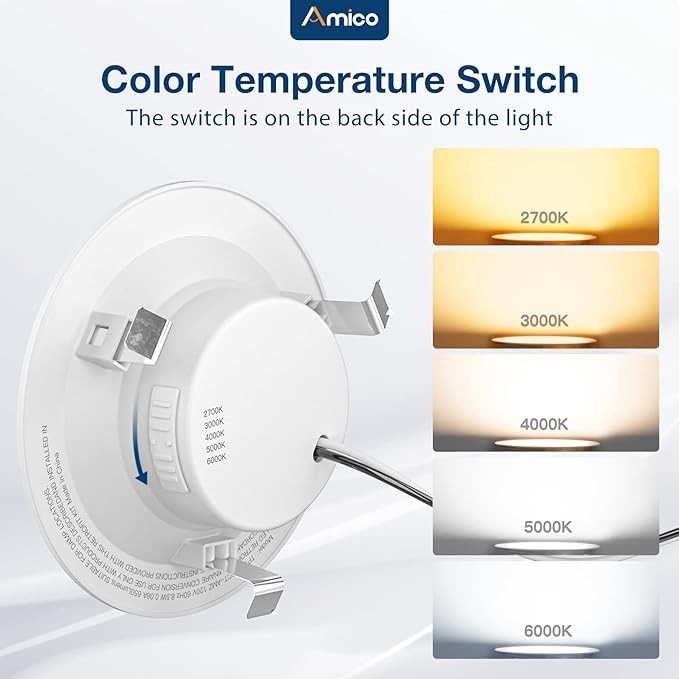 Amico Recessed Lighting 5/6 Inch, 12 Pack 5CCT Flat LED Can Lights, 2700K/3000K/4000K/5000K/6000K Selectable,12W Eqv 110W, 1050LM Brightness, Retrofit Installation - ETL & FCC