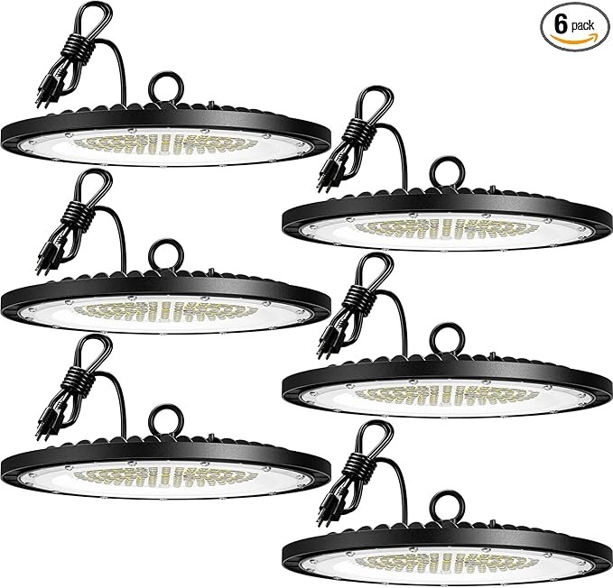 Amico 6 Pack UFO LED High Bay Light 200W 28,000lm 5000K with UL Listed US Hook 5' Cable Alternative to 650W MH/HPS for Gym Factory Barn Warehouse Lighting Fixture