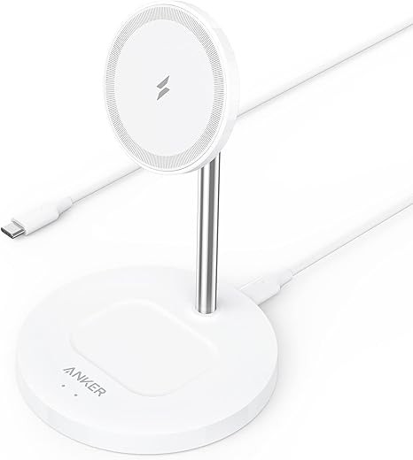 Anker iPhone 16 Wireless Charging Stand, PowerWave 2-in-1 Magnetic Stand Lite with USB-C Cable, For iPhone 16/15/14/13 Series, AirPods (No AC Adapter) White