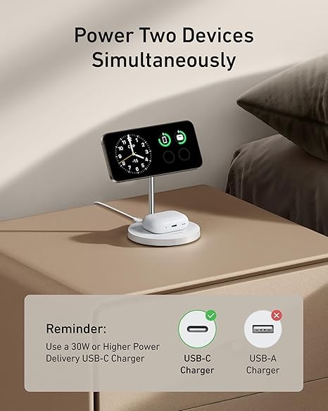 Anker MagSafe Compatible MagGo Charger Stand, iPhone 16 Wireless Charger, 2-in-1 Charging Station, Qi2 Certified 15W Wireless Charger Stand, for iPhone 16/15/14/13/12, AirPods Pro (No AC Adapter)