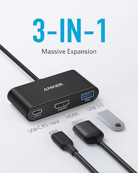 Anker USB C Hub, PowerExpand 3-in-1 USB C Hub, with 4K HDMI, 100W Power Delivery, USB 3.0 Data Port, for iPad Pro, MacBook Pro, MacBook Air, XPS, Note 20, Spectre, and More (Black)
