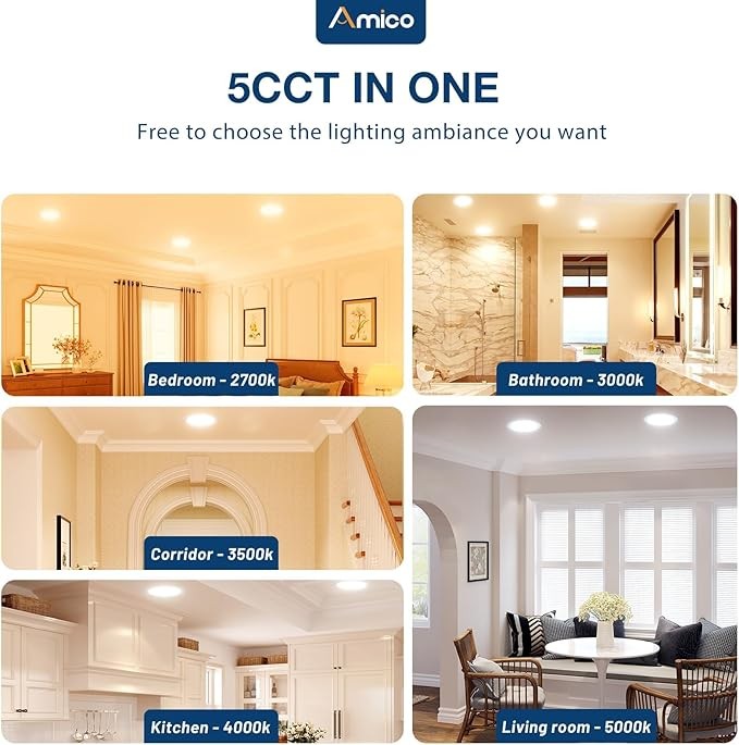 Amico 12 Pack 4 Inch 5CCT Ultra-Thin LED Recessed Dimmable Can/Ceiling Light with Junction Box, 2700K/3000K/3500K/4000K/5000K Selectable, 11W Eqv 70W, 800LM High Brightness Wafer Downlight - ETL&FCC