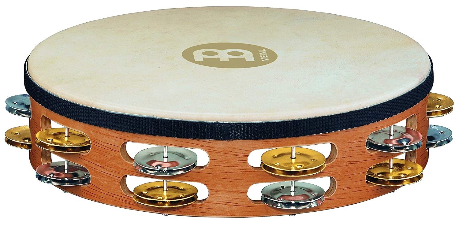 Meinl Percussion TAH2M-SNT Traditional 10-Inch Wood Tambourine with Goat Skin Head and Dual Alloy Jingles, 2 Row