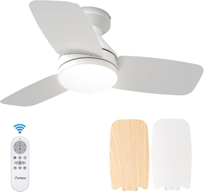 Amico Ceiling Fans with Lights, 30 inch Low Profile Ceiling fan with Light and Remote Control, Flush Mount, Reversible, 3CCT, Dimmable, Noiseless, White Ceiling Fan for Bedroom, Indoor/Outdoor Use