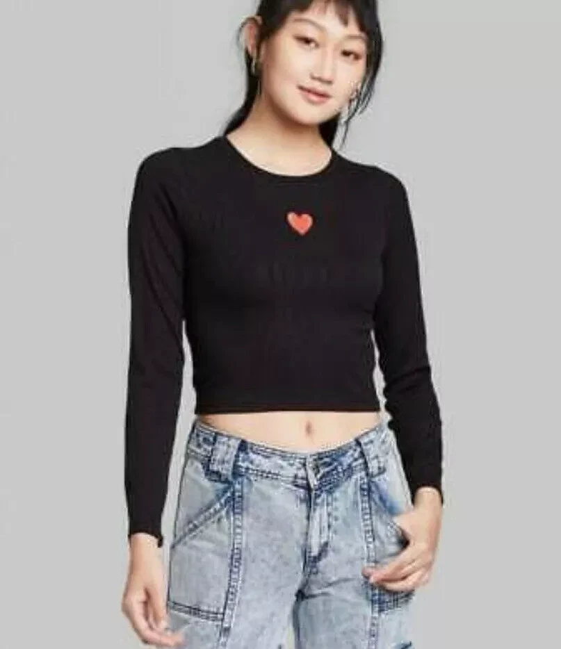 Wild Fable Long Sleeve Fitted Rib Knit Embroidered Crop Top