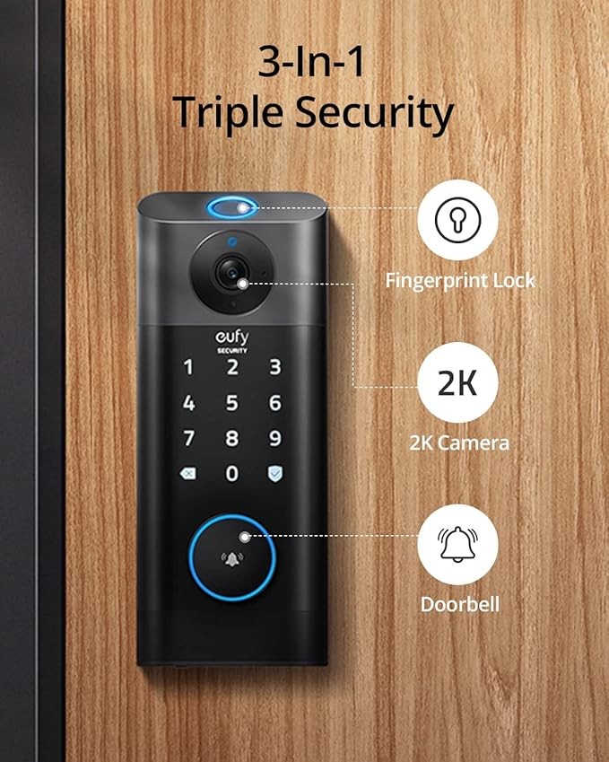 eufy Security S330 3-in-1 Video Smart Lock + Replacement Rechargeable Battery Pack + Door Handle, Keyless Entry Door Lock, BHMA, WiFi Door Lock Bundle, App Remote Control, SD Card Required
