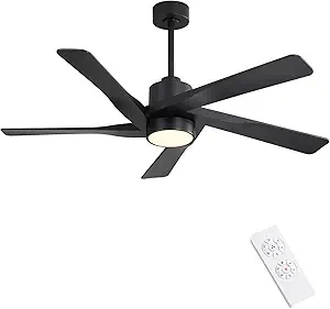 WINGBO 54" ABS DC Ceiling Fan with Lights, 5 Blade ABS Plastic Ceiling Fan with Remote, 6-Speed Reversible DC Motor, LED Ceiling Fan for Kitchen Bedroom Living Room, Brass and Matte Black