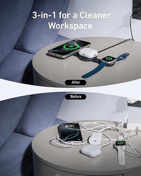 Anker MagSafe Compatible MagGo UFO 3-in-1 Charger, iPhone 16 Wireless Charger Station, Qi2 Certified 15W, Foldable Travel Charging Pad, for iPhone 15/14/13/12, AirPods, Apple Watch (Not a Power Bank)