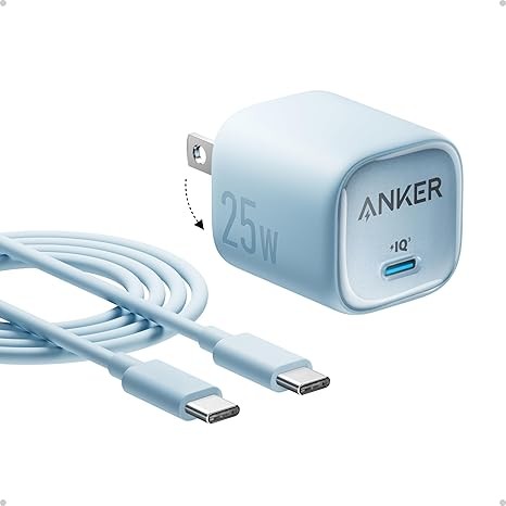 Anker 25W USB C Charger Block, Compact and Foldable, Supports PPS Fast Charging for Galaxy S24/Z Fold/Z Flip/Tab, iPhone, iPad (Blue, 1pack with Cable)