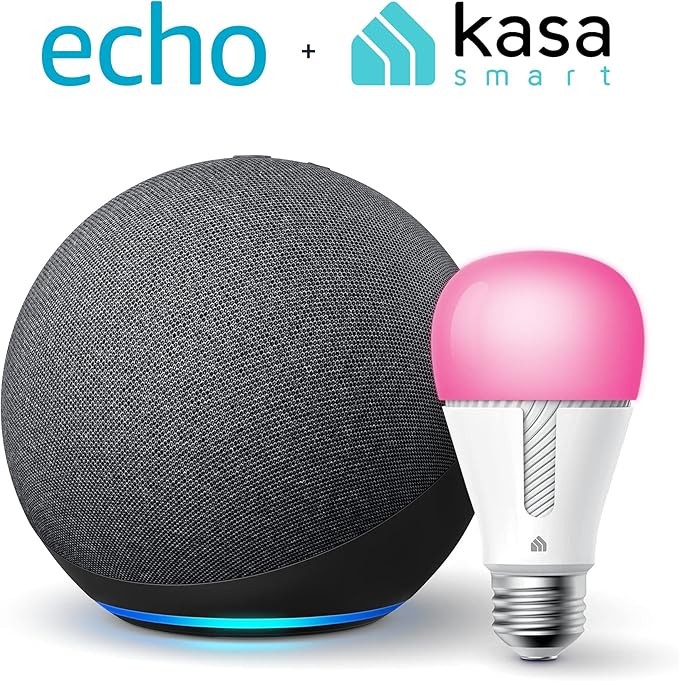 Echo (4th Gen) in Charcoal bundle with TP-Link Kasa Smart Color Bulb