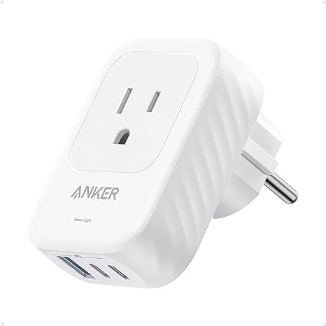 European Travel Plug Adapter, Anker 15W USB-C Power Plug, Fits Type E/F Sockets with 2 AC Outlets, 2 USB C & 1 USB A Port, Compact for iPhone 15, iPad, and More (Not Compatible with Type L/G Sockets)