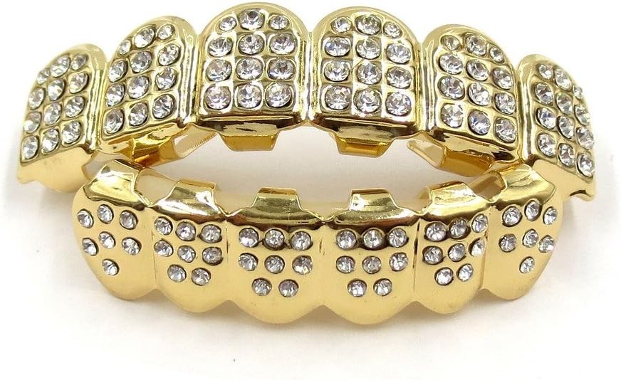 JINAO 14K Gold Plated ICED Out CZ Teeth Grillz Top Bottom Tooth Caps Hip Hop Bling New Gold Shiny Grills for Men Women