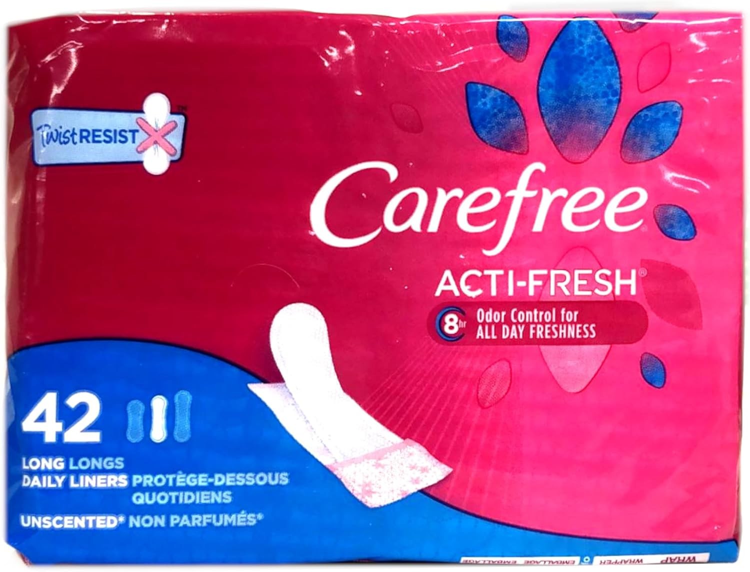 CAREFREE ACTI-FRESH LONG UNSCENTED PANTYLINERS 42’S