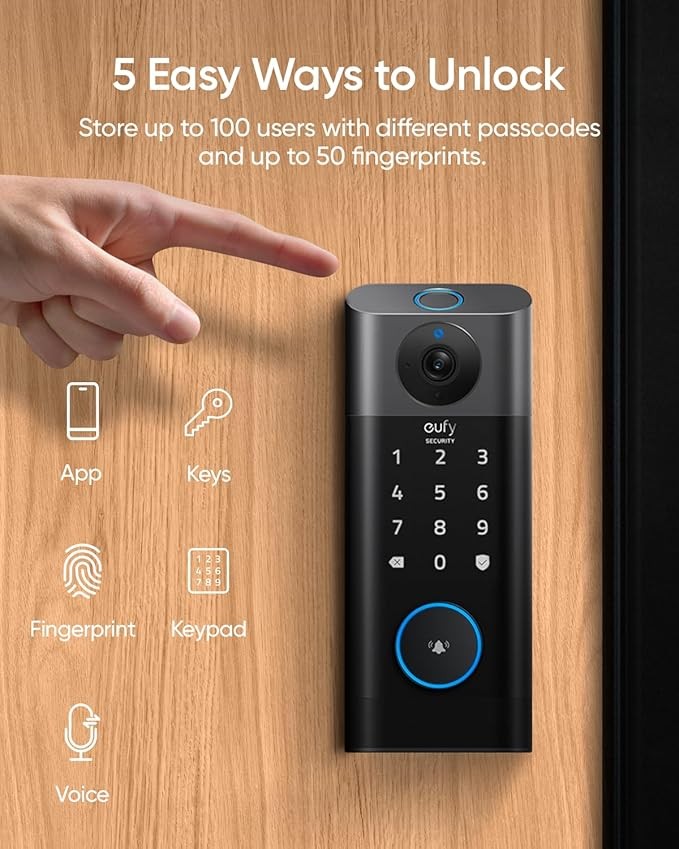 eufy Video Smart Lock S330, Chime Included, 3-in-1 Camera+Doorbell+Fingerprint Keyless Entry Door Lock, Smart Wi-Fi Deadbolt for Front Door, App Remote Control, No Monthly Fee, SD Card Required