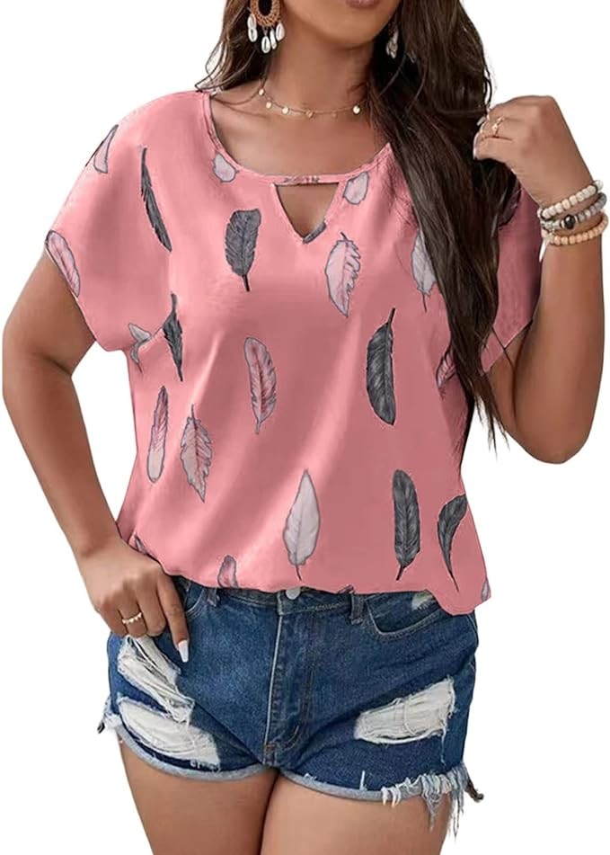 Women's Plus Size Feather Print Tops Cut Out V Neck T-Shirt Blouses Summer Casual Short Sleeves Loose Tee Shirts