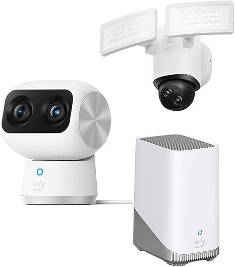 eufy Security Indoor Cam S350, Dual Cameras, 4K UHD Resolution Security Camera with 8× Zoom and 360° PTZ Floodlight Camera E340 Wired, 360° Pan and Tilt + HomeBase 3