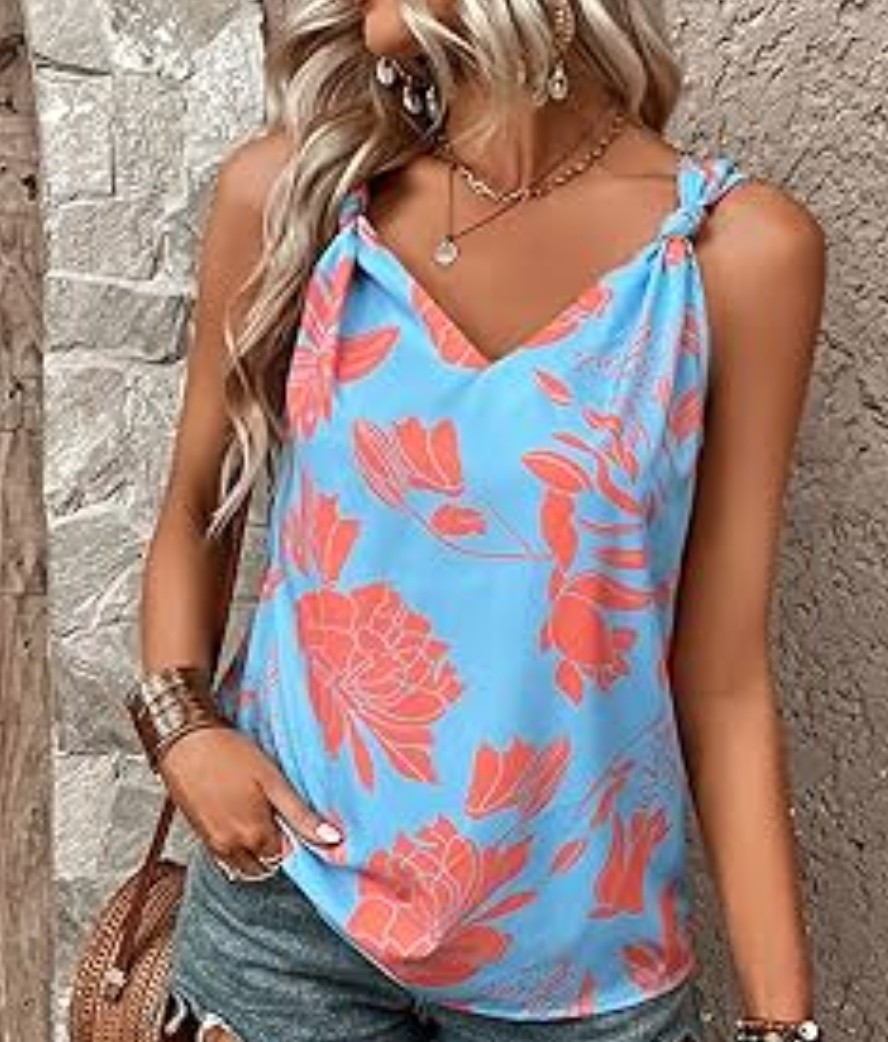 Plants Print Tie Shoulder Tank Top Crop Tops