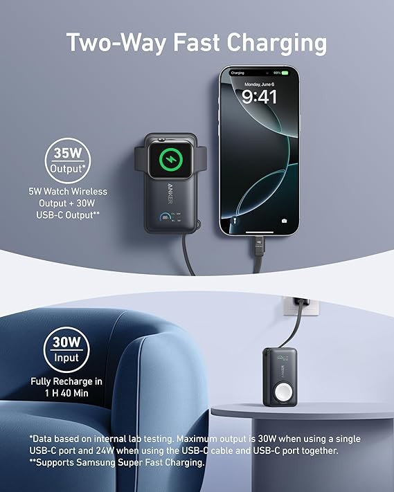 Anker MagGo Power Bank for Apple Watch Only, Officially Certified 10,000mAh Compact Battery Pack with Built-in USB-C Cable, 35W Max, for iPhone 16/15 Series, iPad, AirPods, and More