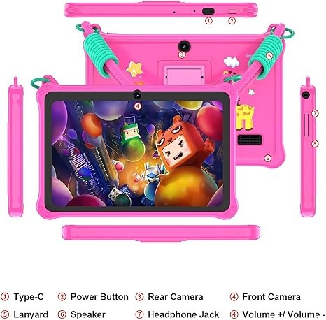 PRITOM Lanyard Kids Tablet 7 inch, 32GB Toddler Tablet Android 13 with WiFi, Dual Camera, Education, Games, Kids Software Pre-Installed, Parental Control, Pink