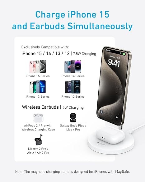 Anker iPhone 16 Wireless Charging Stand, PowerWave 2-in-1 Magnetic Stand Lite with USB-C Cable, For iPhone 16/15/14/13 Series, AirPods (No AC Adapter) White