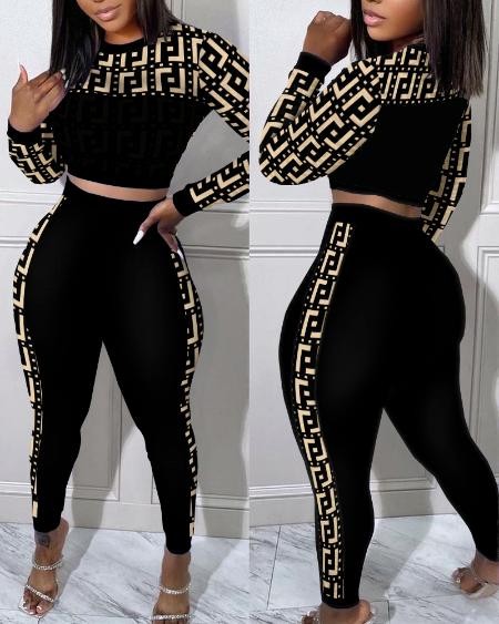 Geo Print Crop Top & High Waist Pants Set