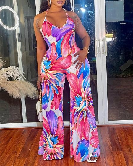 Floral Print Halter Wide Leg Jumpsuit