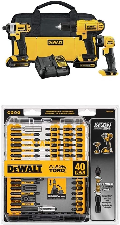 DEWALT DCK340C2 20V Max 3-Tool Combo Kit with DEWALT DWA2T40IR IMPACT READY FlexTorq Screw Driving Set, 40-Piece