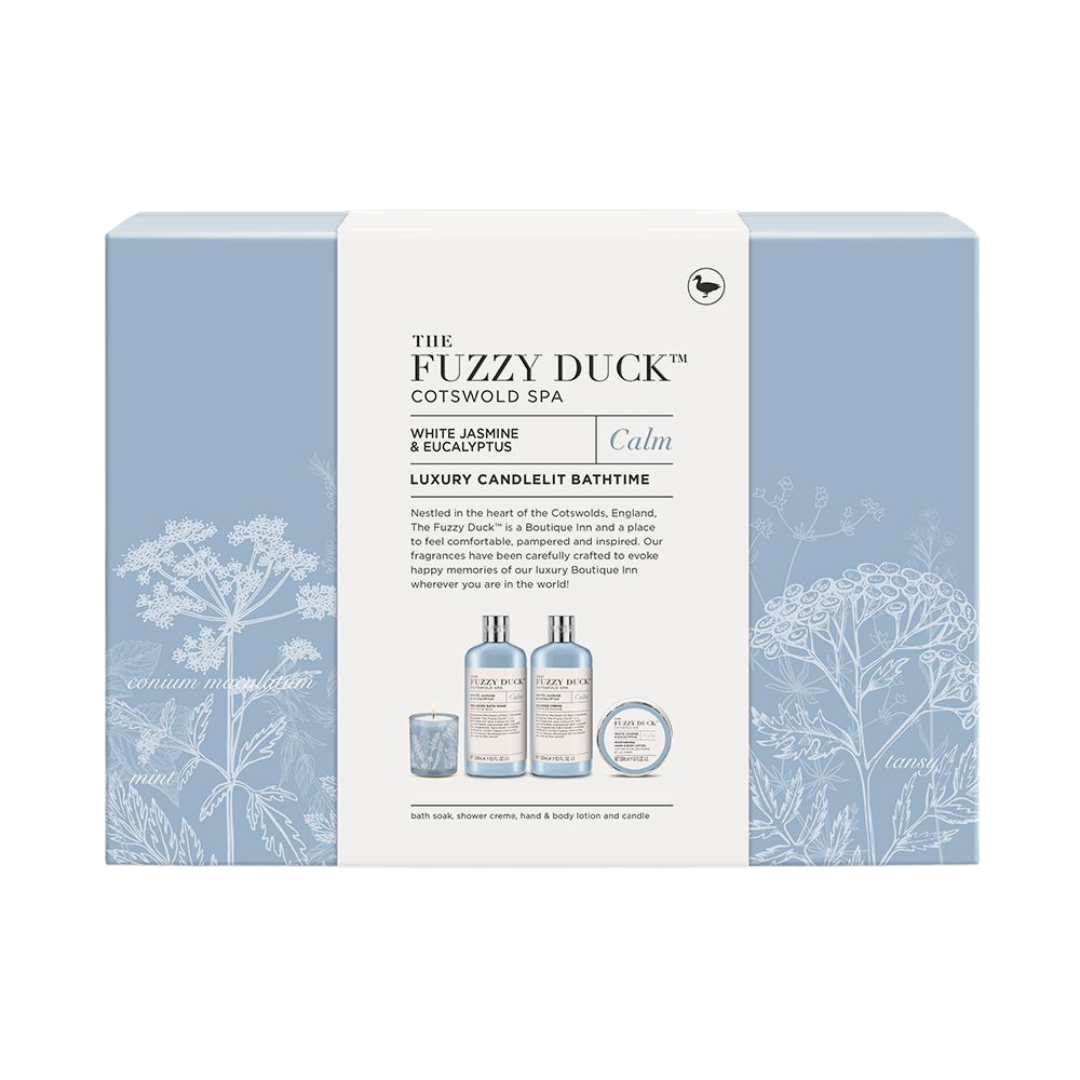 The Fuzzy Duck Cotswold Spa: White Jasmine & Eucalyptus, Luxury Candlelit Bath Time Gift Set