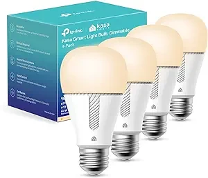 Kasa Smart Light Bulbs that works with Alexa and Google Home, Dimmable Smart LED Bulb, A19, 9W, 800Lumens, Soft White(2700K), CRI≥90, WiFi 2.4Ghz only, No Hub Required, 4 Count (Pack of 1)(KL110P4)