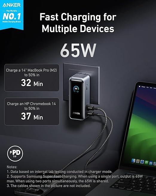 Anker Prime Power Bank, 9,600mAh Battery Pack with 65W Output, Built-in AC Plug, Supports PD 3.0 and PPS, 30W Fast Recharging, Sleek Portable Charger for MacBook Pro, iPhone 15 Series, Galaxy, iPad