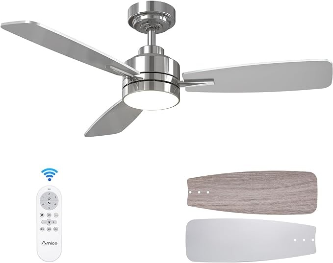 Amico Ceiling Fans with Lights, 52 inch Ceiling fan with Light and Remote Control, Reversible, 3CCT, Dimmable, Noiseless, Nickel Ceiling Fan for Bedroom, Indoor/Outdoor Use