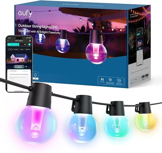 eufy Outdoor String Lights E10, 96ft with 30 Smart RGBWW LED Bulbs, Endless AI Light Themes for Holidays, Party, IP65 Waterproof for Patio, Fence, Balcony, Link with Cameras, Voice & App Control