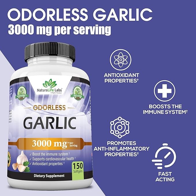 NaturaLife Labs Odorless Garlic 3000 mg per Serving 150 Soft gels Immune System Support Non-GMO, Gluten-Free