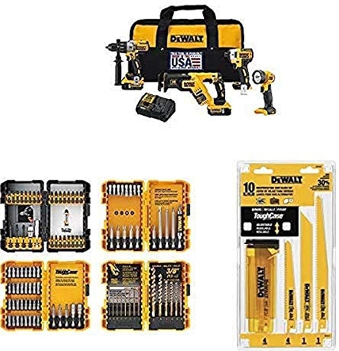 DEWALT DCK494P2 20V Max XR Lithium Ion 4-Tool Combo Kit with DEWALT DWA2FTS100 Screwdriving and Drilling Set, 100 Piece and DEWALT DW4898 Bi-Metal Reciprocating Saw Blade Set with Case, 10-Piece