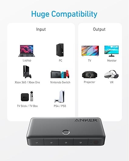Anker HDMI Switch, 4K@60Hz HDMI Switcher, 4 in 1 Out with Smooth Finish, Supports HDR, 3D, Dolby, DTS, Compatible with Laptops, PC, Xbox, Projector (Charger and Remote Control Batteries Not Included)