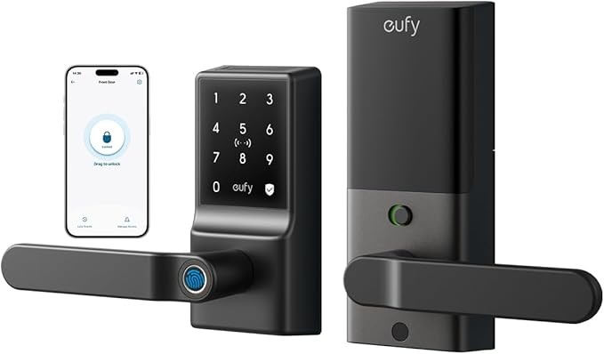 eufy Smart Lock C33, Fingerprint Keyless Door Lock with Handle, Built-in Wi-Fi, APP Remote Control, Biometric Door Knob for Entry Door, Auto Lock, IP53 Waterproof