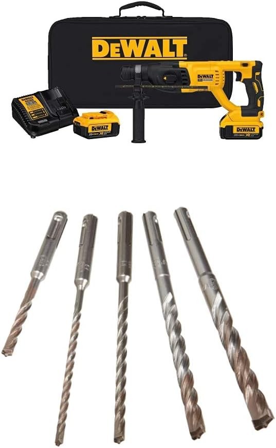 DEWALT DCH133M2 20V Max XR Brushless 1" D-Handle Rotary Hammer Kit with DEWALT DW5470 5-Piece Rock Carbide SDS Plus Hammer Bit Set