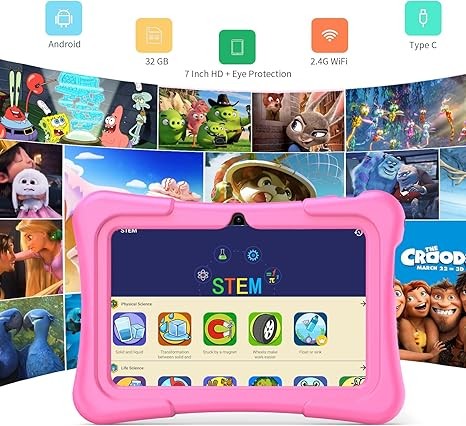 PRITOM Toddler Tablet for Kids, 7 inch Kids Tablets with WiFi, 32GB ROM, Bluetooth, Camera, Parental Control, Pre-Installed APPs, Free Games, Learning Educational Tablet with Case, Pink
